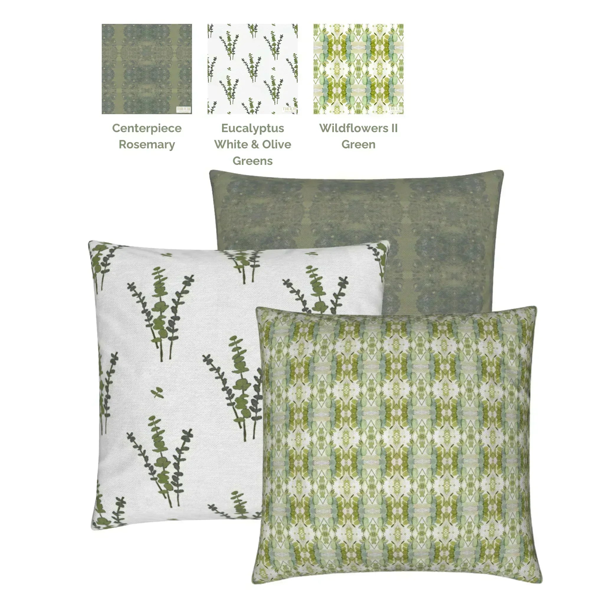 Luxury green floral decorative pillow with a delicate small repeat botanical pattern, designed for layered beds and collected modern traditional interiors.