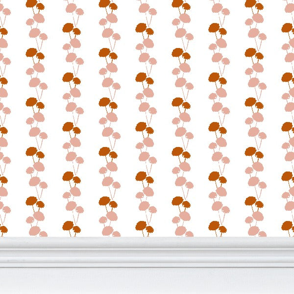 Luxury botanical and floral wallpaper featuring an elegant linear dahlia vine pattern inspired by English gardens, designed for modern traditional interiors, powder rooms, bedrooms, dining spaces, and layered luxury homes. Sustainably printed in England by Truett Designs.