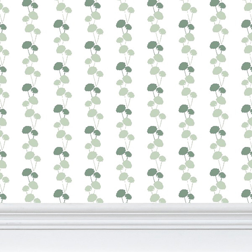 Luxury botanical and floral wallpaper featuring an elegant linear dahlia vine pattern inspired by English gardens, designed for modern traditional interiors, powder rooms, bedrooms, dining spaces, and layered luxury homes. Sustainably printed in England by Truett Designs.