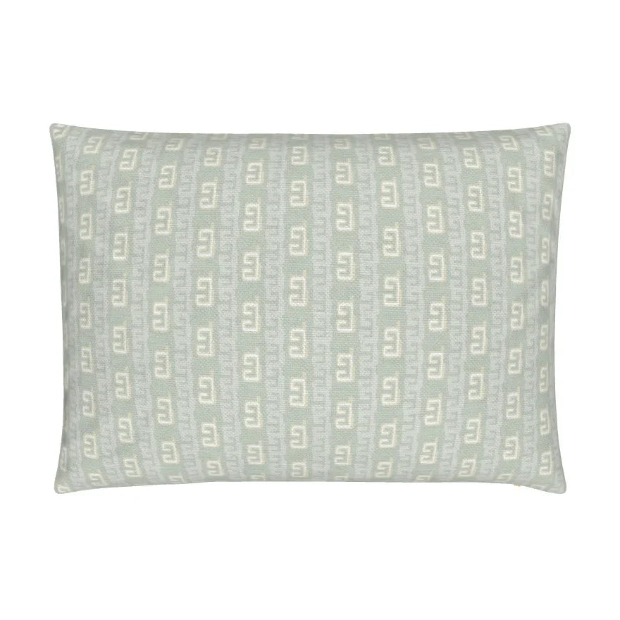 Greek Key Drop Fresh Eucalyptus Small Repeat Luxury Pillow by Truett Designs featuring a traditional Greek key-inspired pattern with a refined stripe-like appearance in fresh eucalyptus green. Handcrafted in England from sustainably printed luxury fabric, this designer decorative pillow adds structure, softness, and timeless elegance to sofas, beds, accent chairs, and layered interiors. Ideal for interior designers seeking luxury throw pillows, classic green textiles, artisan-crafted home décor, and versati