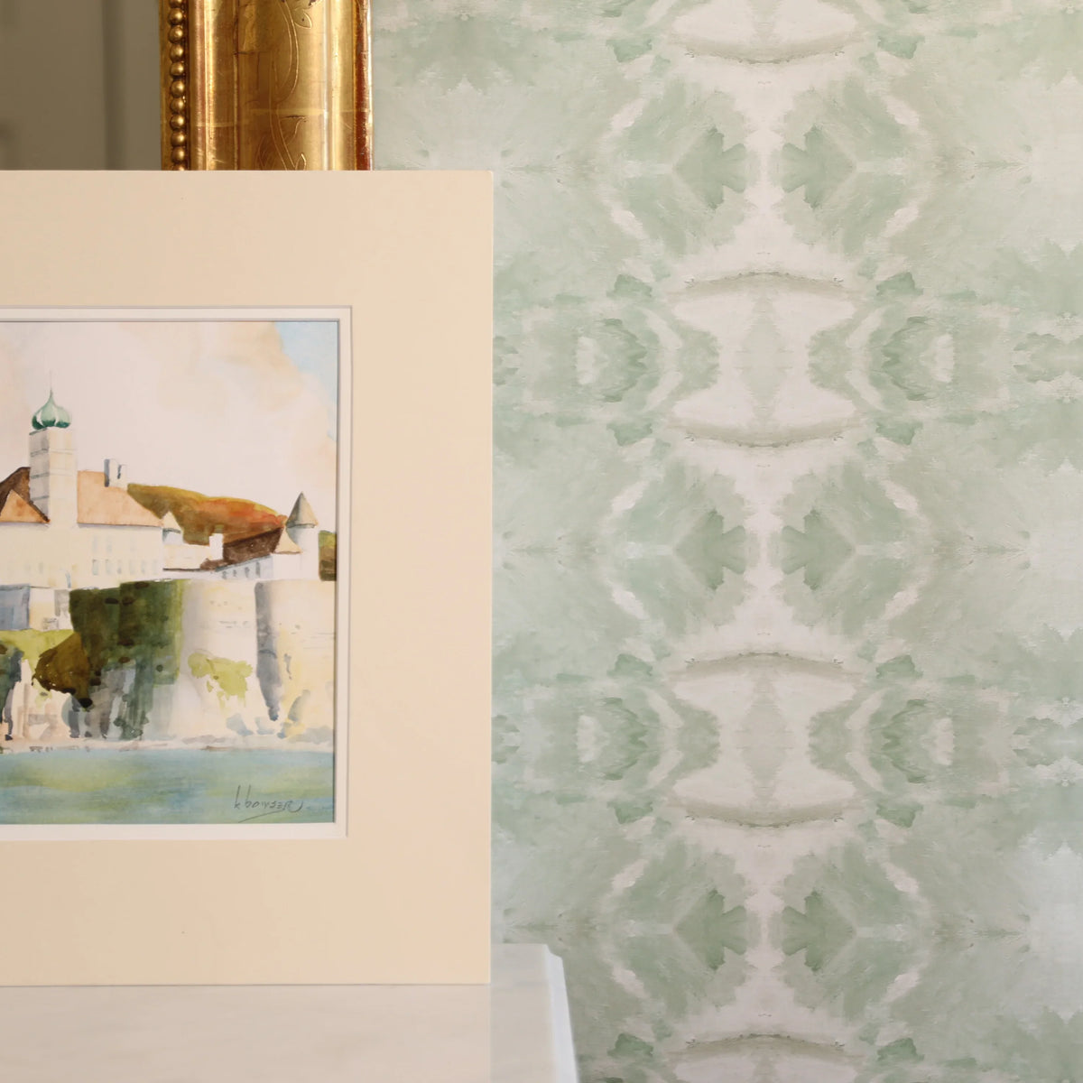 Luxury abstract jade green wallpaper with layered organic movement inspired by live oak trees, ideal for modern traditional interiors, luxury bedrooms, powder rooms, dining spaces, and collected contemporary homes. Sustainably printed in England by Truett Designs.