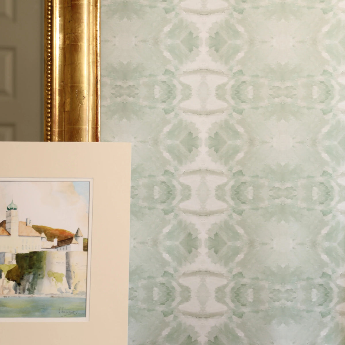 Luxury abstract jade green wallpaper with layered organic movement inspired by live oak trees, ideal for modern traditional interiors, luxury bedrooms, powder rooms, dining spaces, and collected contemporary homes. Sustainably printed in England by Truett Designs.