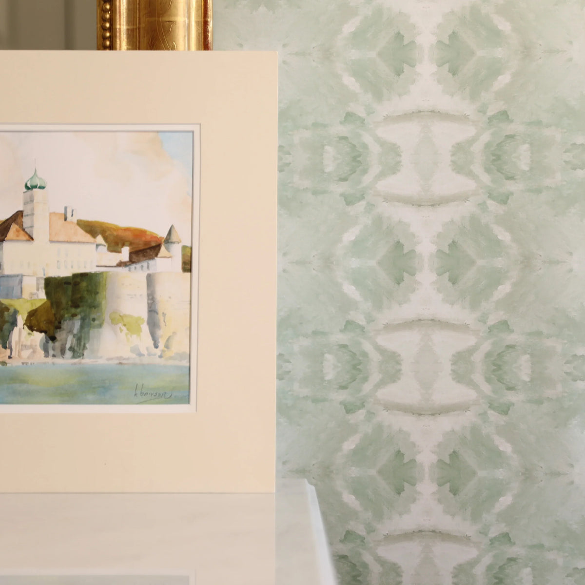 Luxury abstract jade green wallpaper with layered organic movement inspired by live oak trees, ideal for modern traditional interiors, luxury bedrooms, powder rooms, dining spaces, and collected contemporary homes. Sustainably printed in England by Truett Designs.