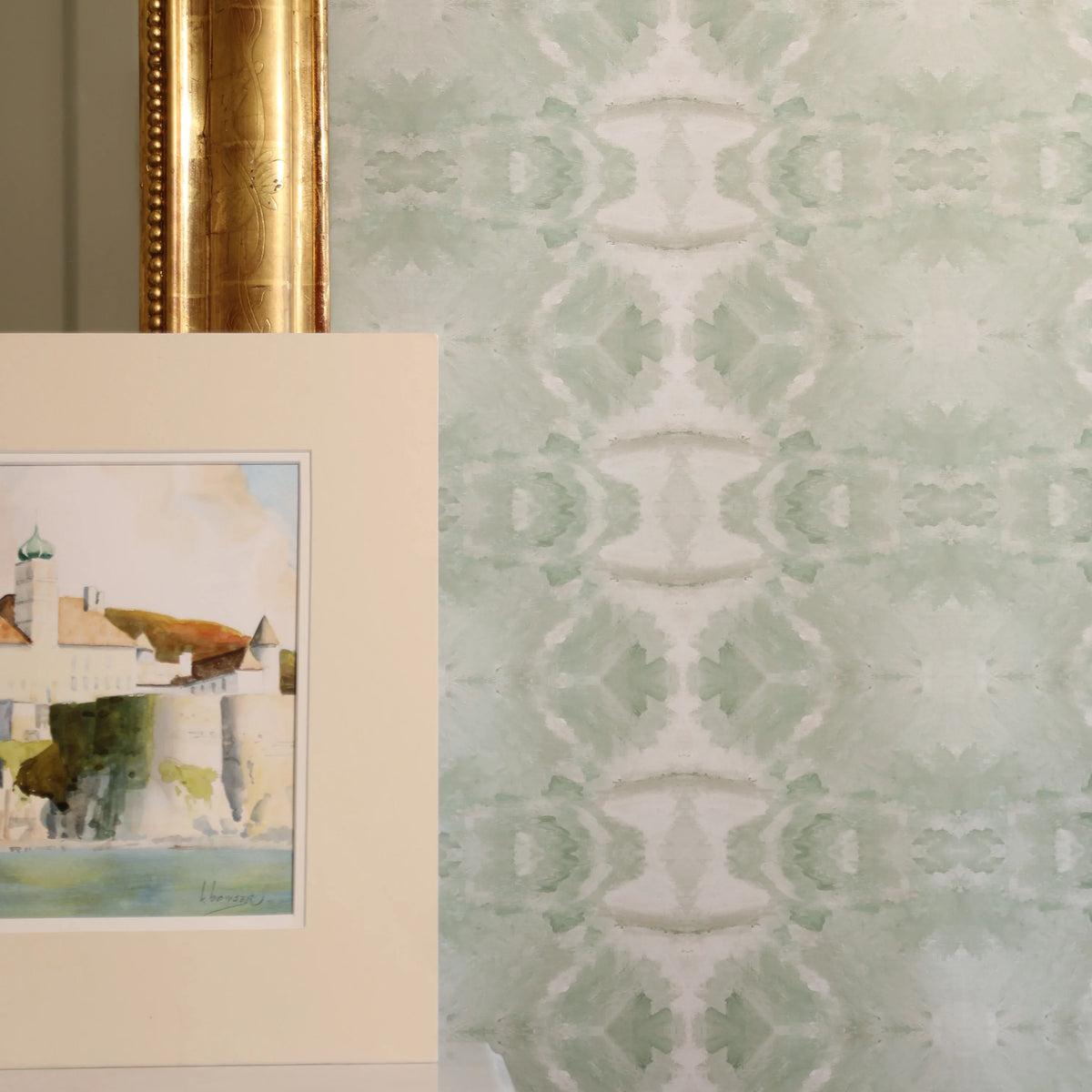 Luxury abstract jade green wallpaper with layered organic movement inspired by live oak trees, ideal for modern traditional interiors, luxury bedrooms, powder rooms, dining spaces, and collected contemporary homes. Sustainably printed in England by Truett Designs.