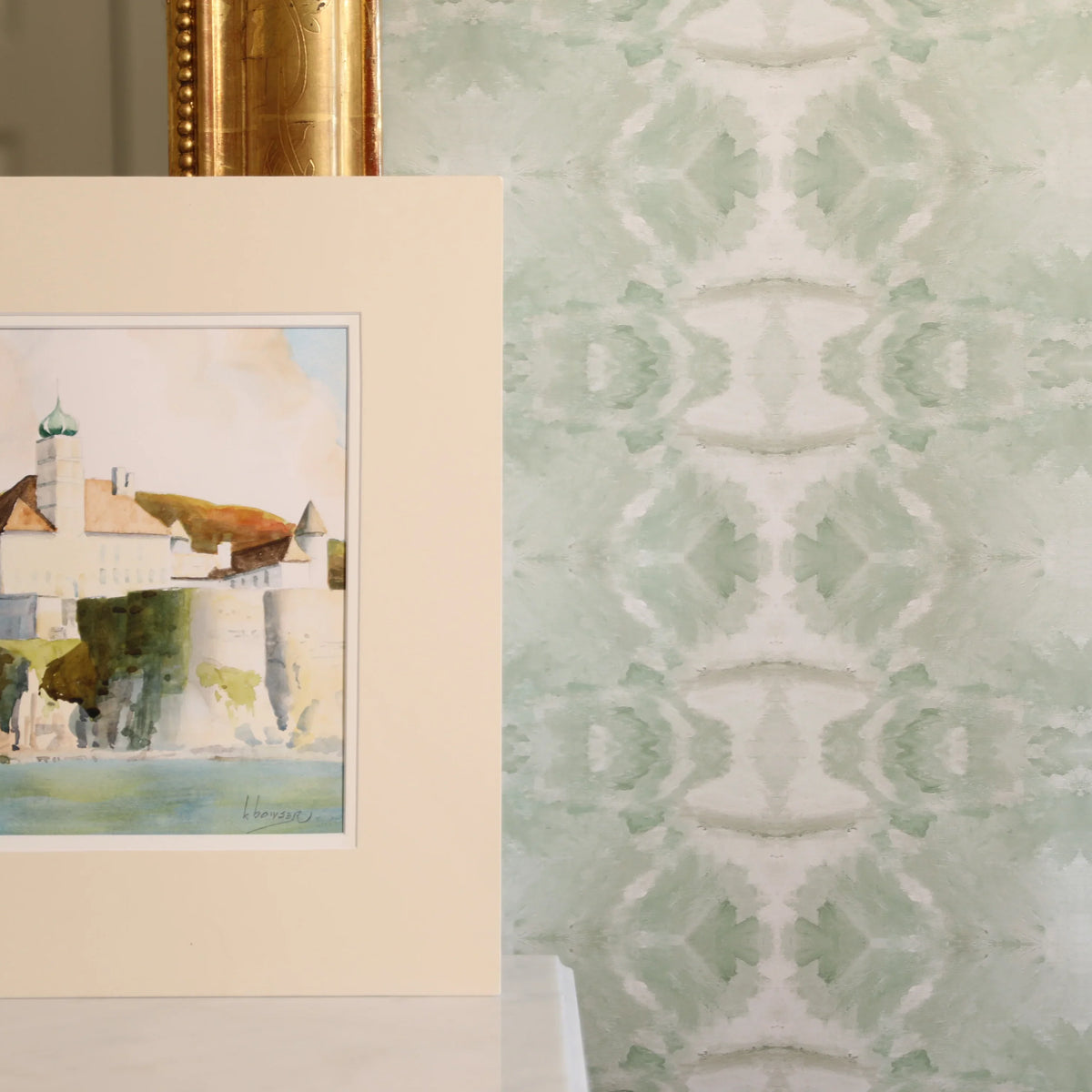 Luxury abstract jade green wallpaper with layered organic movement inspired by live oak trees, ideal for modern traditional interiors, luxury bedrooms, powder rooms, dining spaces, and collected contemporary homes. Sustainably printed in England by Truett Designs.