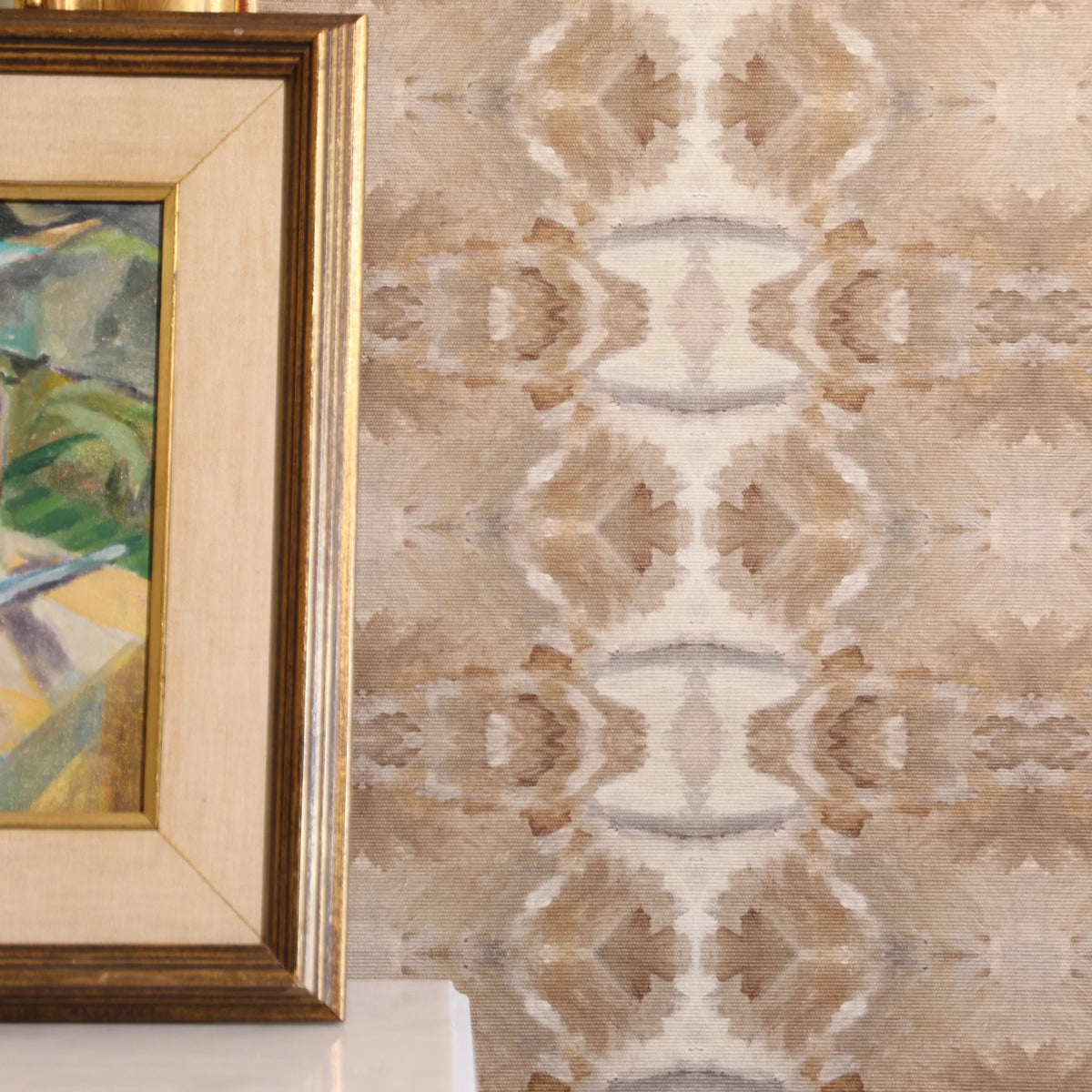 Luxury cognac brown abstract wallpaper with painterly organic movement and linear lines inspired by live oak trees, designed for contemporary and modern traditional interiors.