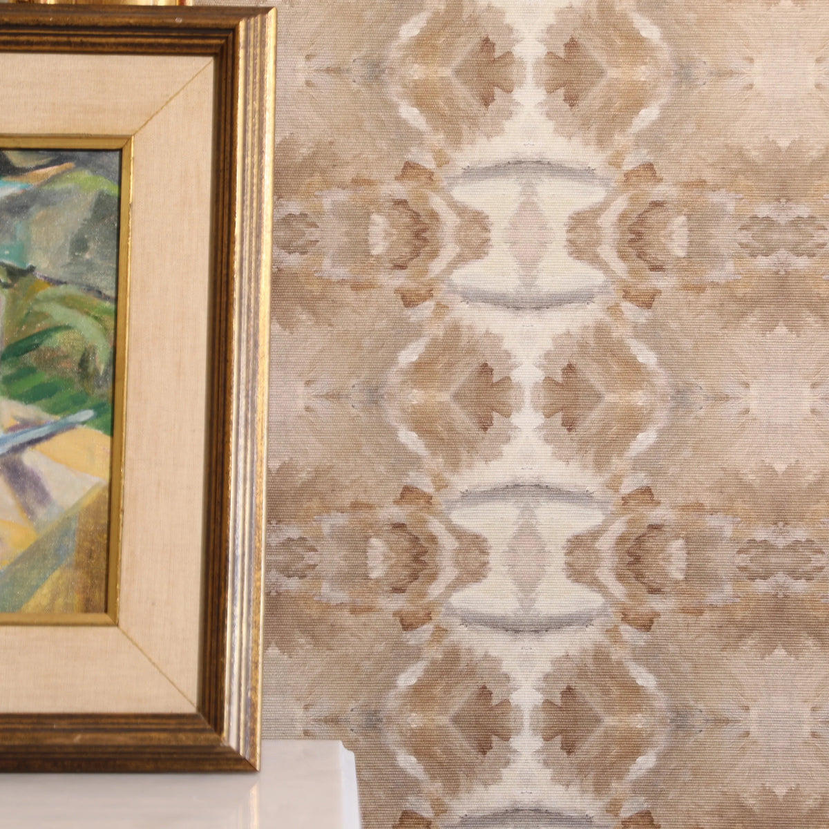 Luxury cognac brown abstract wallpaper with painterly organic movement and linear lines inspired by live oak trees, designed for contemporary and modern traditional interiors.