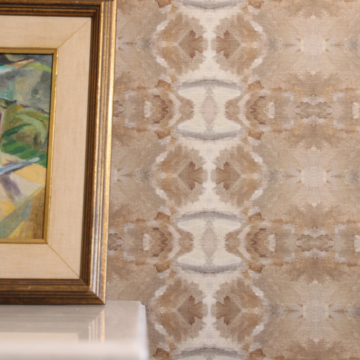 Luxury cognac brown abstract wallpaper with painterly organic movement and linear lines inspired by live oak trees, designed for contemporary and modern traditional interiors.