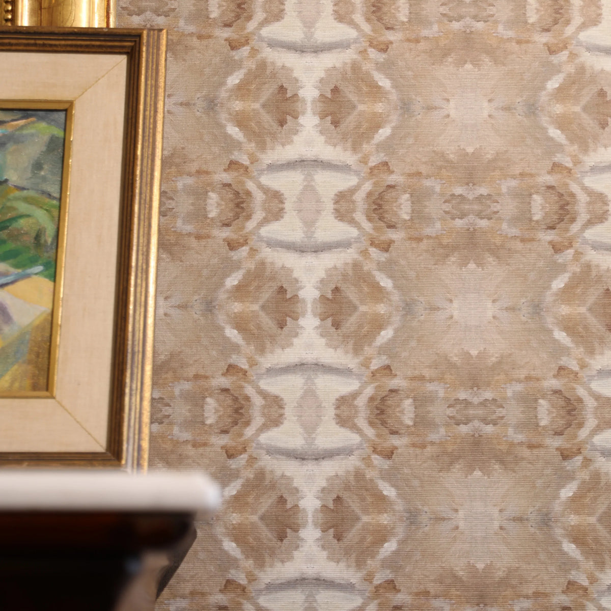 Luxury cognac brown abstract wallpaper with painterly organic movement and linear lines inspired by live oak trees, designed for contemporary and modern traditional interiors.