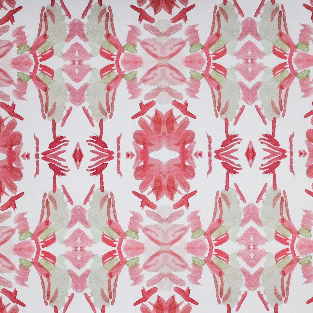 Luxury floral wallpaper featuring an artistic wildflower pattern in strawberry pink, blush, and soft green tones, designed for modern traditional interiors, bedrooms, powder rooms, and collected homes.