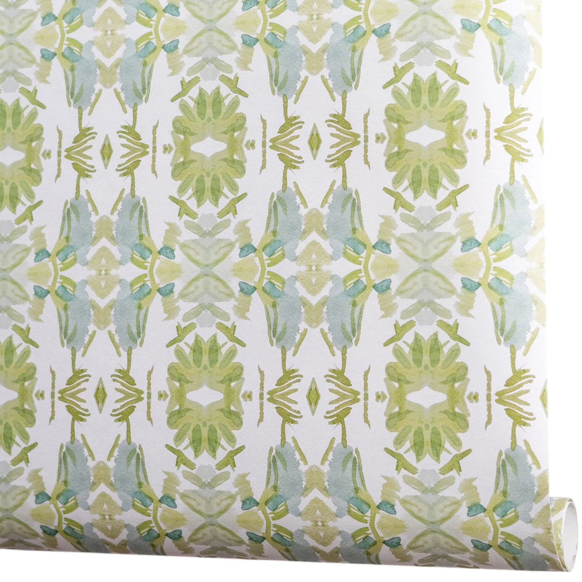 Wildflowers I White & Apple Green luxury wallpaper featuring an abstract floral pattern on a soft white ground with fresh apple green tones, sustainably printed in England for luxury homes, designer-curated interiors, powder rooms, bedrooms, and thoughtfully layered living spaces.