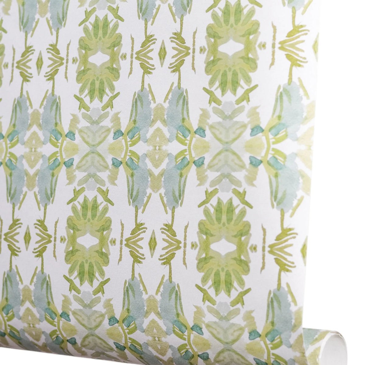 Wildflowers I White & Apple Green luxury wallpaper featuring an abstract floral pattern on a soft white ground with fresh apple green tones, sustainably printed in England for luxury homes, designer-curated interiors, powder rooms, bedrooms, and thoughtfully layered living spaces.