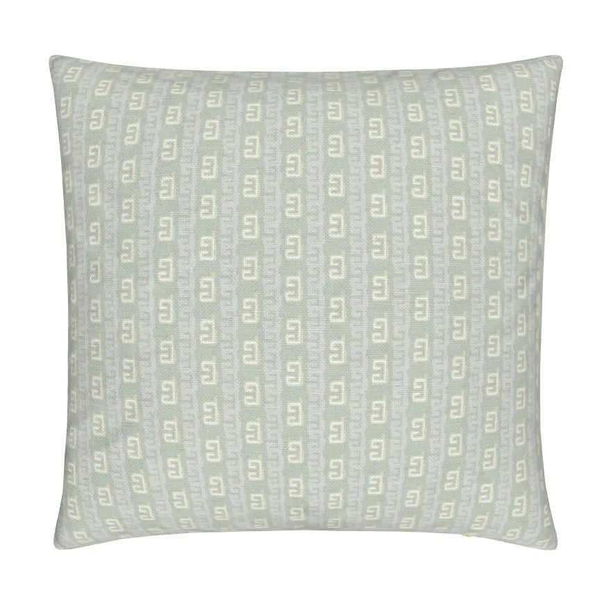 Greek Key Drop Fresh Eucalyptus Small Repeat Luxury Pillow by Truett Designs featuring a traditional Greek key-inspired pattern with a refined stripe-like appearance in fresh eucalyptus green. Handcrafted in England from sustainably printed luxury fabric, this designer decorative pillow adds structure, softness, and timeless elegance to sofas, beds, accent chairs, and layered interiors. Ideal for interior designers seeking luxury throw pillows, classic green textiles, artisan-crafted home décor, and versati