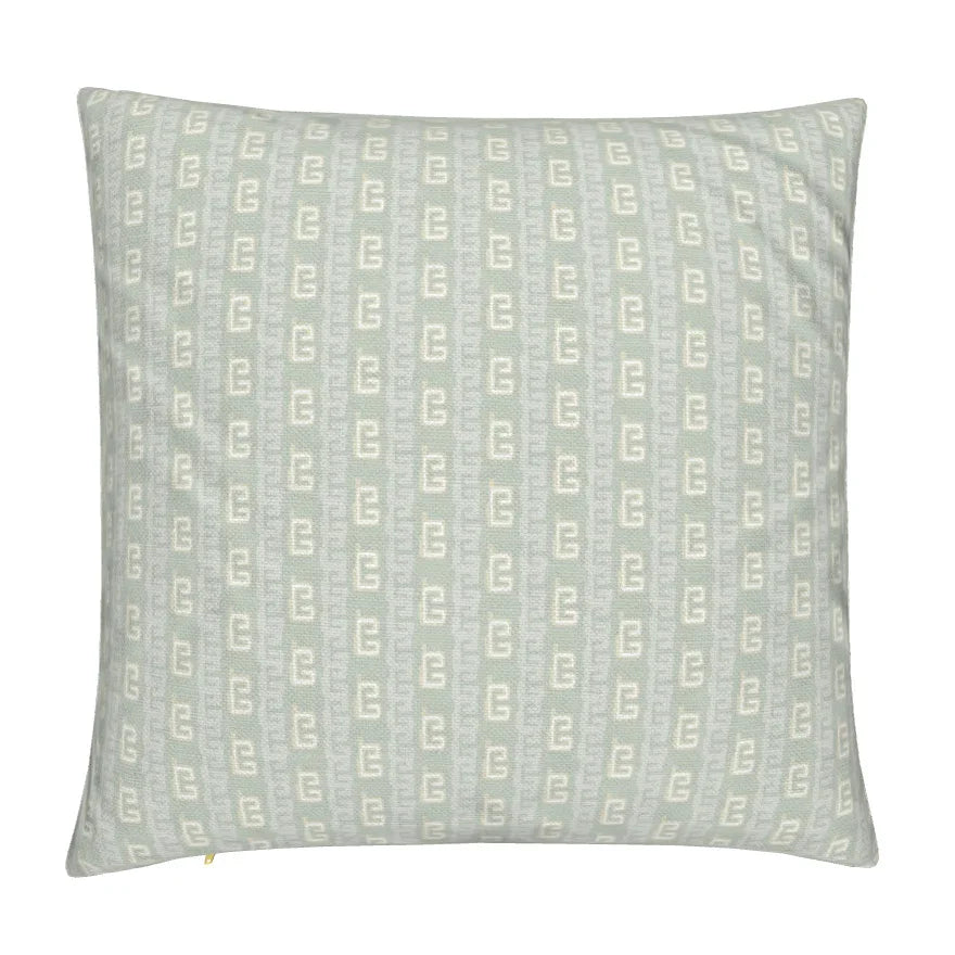 Greek Key Drop Fresh Eucalyptus Small Repeat Luxury Pillow by Truett Designs featuring a traditional Greek key-inspired pattern with a refined stripe-like appearance in fresh eucalyptus green. Handcrafted in England from sustainably printed luxury fabric, this designer decorative pillow adds structure, softness, and timeless elegance to sofas, beds, accent chairs, and layered interiors. Ideal for interior designers seeking luxury throw pillows, classic green textiles, artisan-crafted home décor, and versati